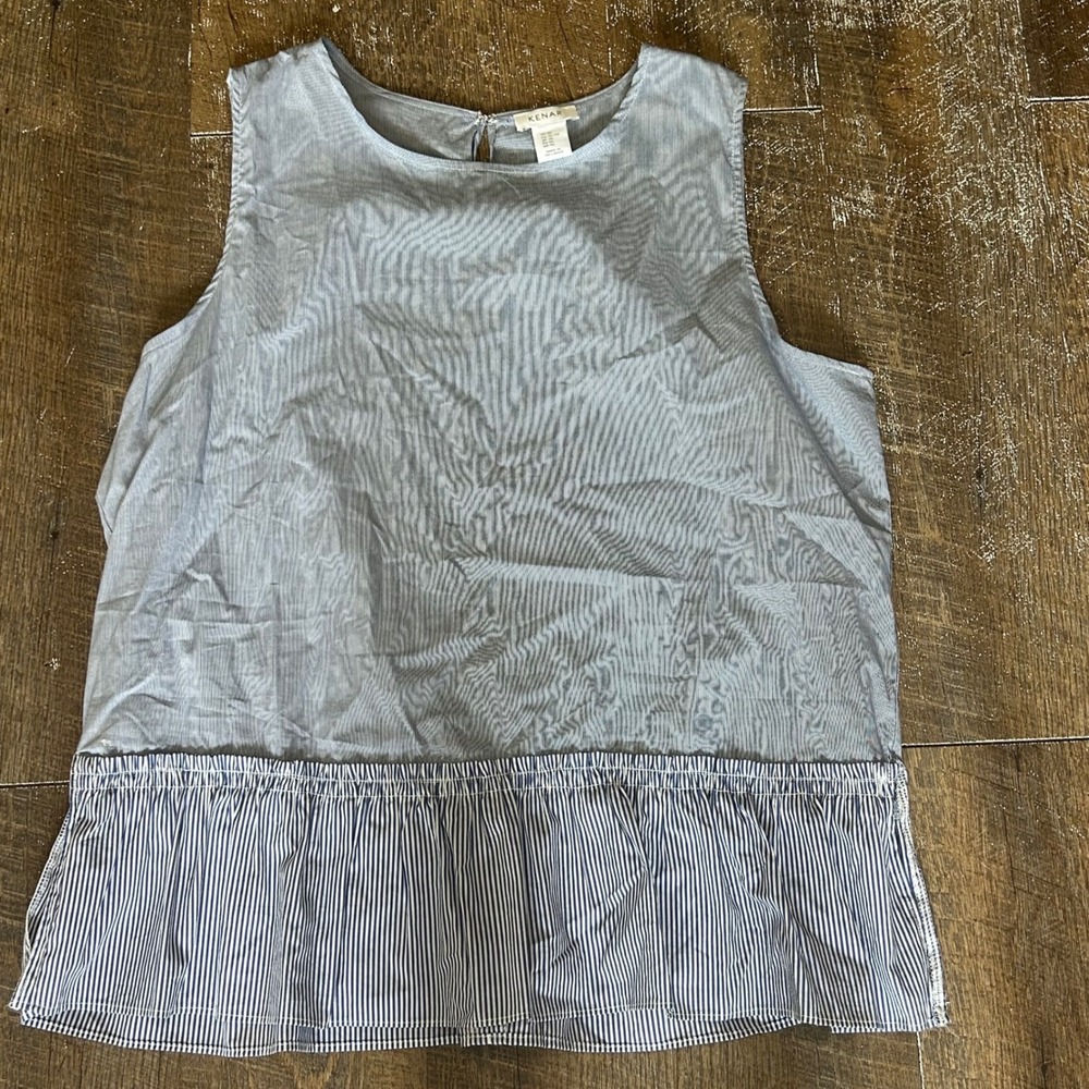Kenar Womens XL Blue White Pinstripe Peplum Sleeveless Blouse Round Neck Top
